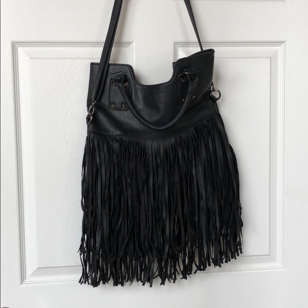 Black fringe fake leather crossbody tote